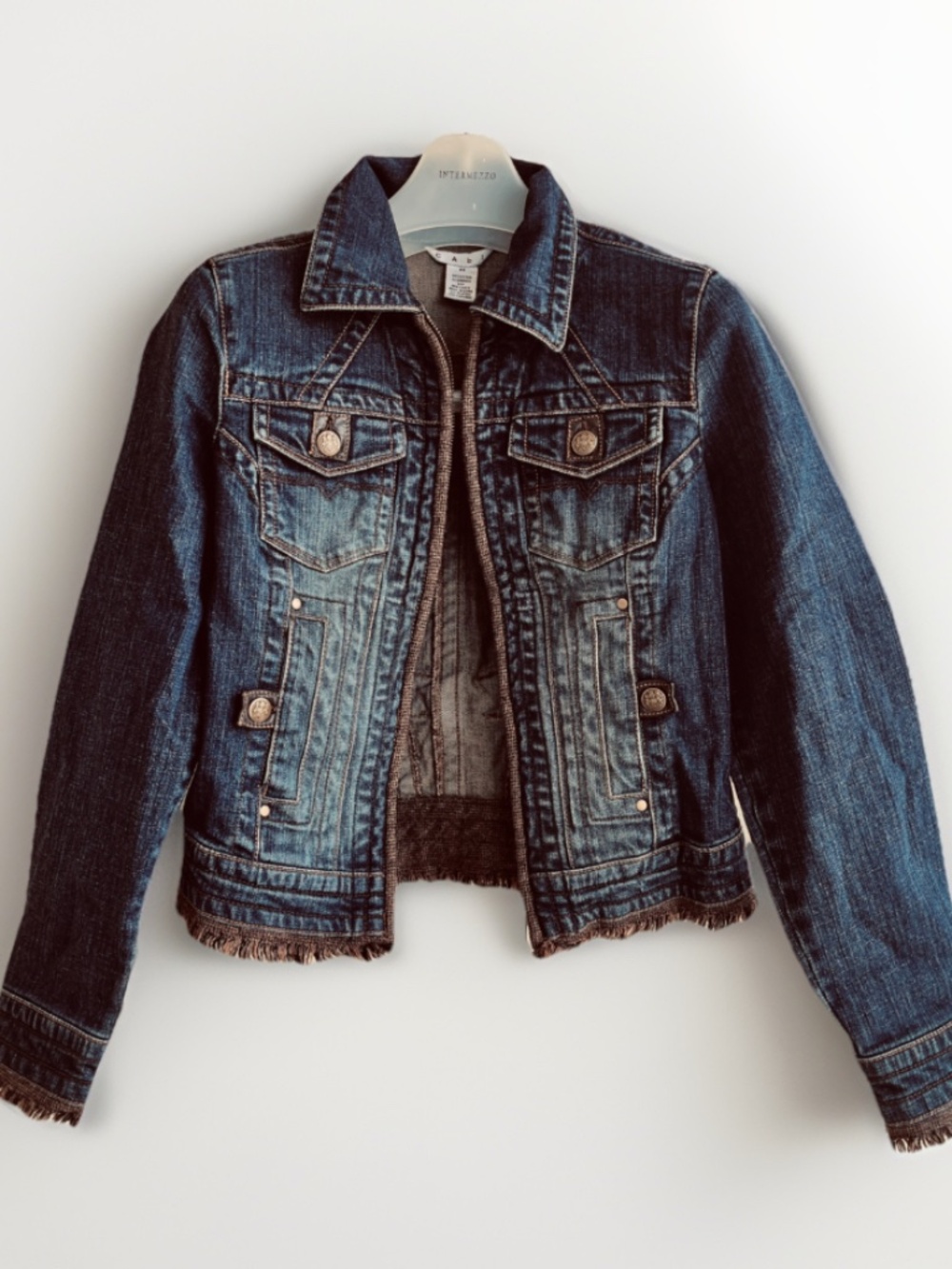 CAbi Denim Jacket Zip Front Brown Fringe Tweed Trim Boho Size XS Style 620